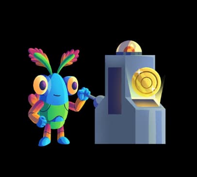 Smithii’s mascot pulling the lever of a machine that mints a gold coin
